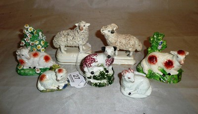 Lot 27 - A Derby porcelain Pearlware ram Bocage group and six other sheep figures (7)