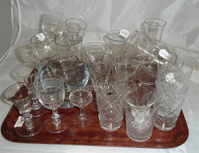 Lot 30 - Miscellaneous 19th and 20th century wine glasses, tumblers, decanters etc on two trays