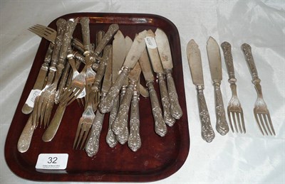 Lot 32 - A set of eleven Kings pattern silver (filled) handled fish knives and ten matching forks; a set...
