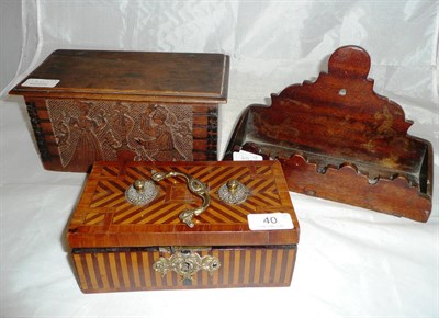 Lot 40 - A Cypress wood small casket with pen work decoration, Italian or English, a fascia carved in...