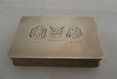 Lot 43 - A George VI snuff box, Birmingham 1938, rectangular, engine turned, the lid engraved with named...