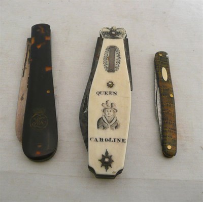Lot 45 - Queen Caroline commemorative; a rare triple blade penknife, on the side of the sheath (possibly...