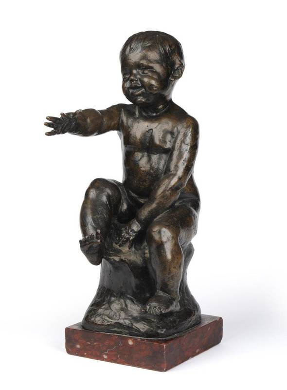 Lot 825 - Percy Herbert Portsmouth (1874-1953): A Bronze Figure of a Young Boy, sitting on a rock, his...