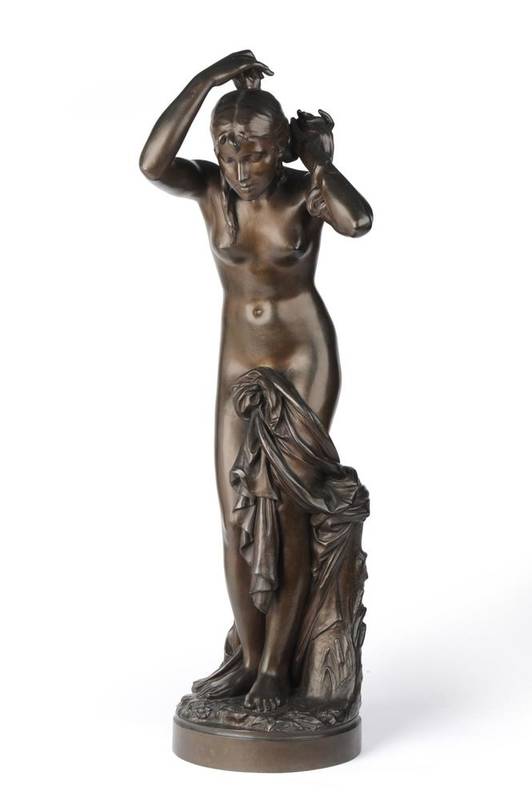 Lot 827 - After Jean-Baptiste Baujault (French, 1828-1899):  "The Bather ", A Bronze Figure of a Girl...