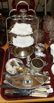 Lot 130 - Assorted silver, oval inkstand, crumb scoop, plated cake stand, knives etc