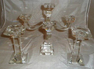 Lot 138 - A modern glass candelabrum and a pair of candlesticks