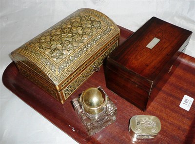 Lot 149 - A two division tea caddy, an inlaid box, an inkwell and a snuff box