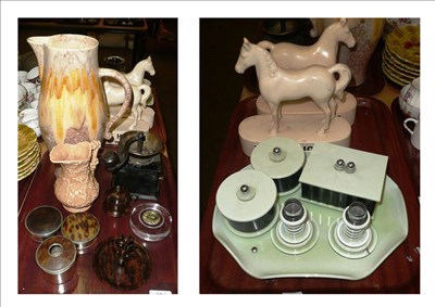 Lot 151 - A pair of White Horse Scotch Whisky figures, Art Deco dressing table set etc (on two trays)