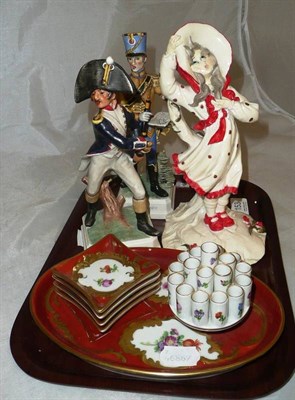 Lot 153 - Dresden floral decorated smoker's compendium, one Italian and two Goebel figures