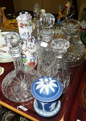 Lot 157 - Five glass decanters, Mason's vase and a Jasperware jar and cover