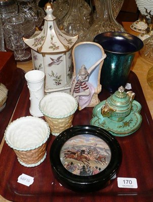 Lot 170 - Tray including pot lid, pair of Worcester basket weave vases, Continental gilt decorated vase...