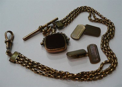 Lot 178 - A pair of 9ct gold cufflinks and a yellow metal watch chain with 9ct gold clasp and bar and...