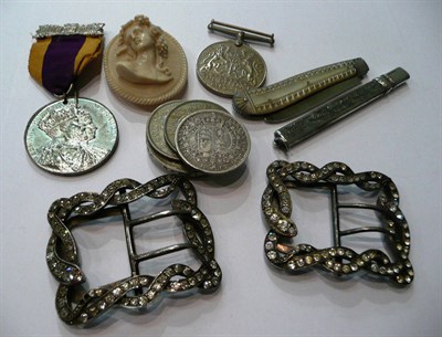 Lot 184 - Two paste set buckles, an ivory cameo panel, a bank note, silver and mother of pearl fruit...