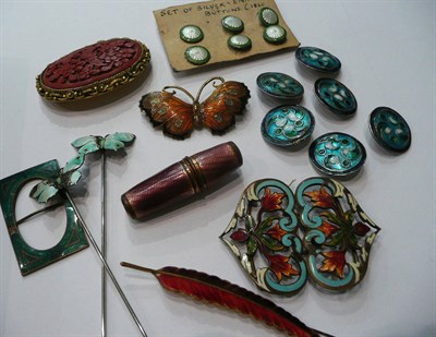 Lot 191 - Two silver and enamel butterfly hat pins, enamel etui, Arts and Crafts button etc