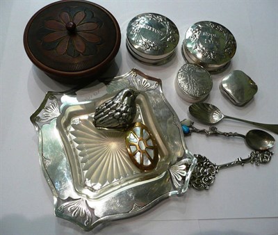 Lot 200 - Two silver circular boxes, buttons, hooks and eyes, silver bird hinged box, two silver pill...