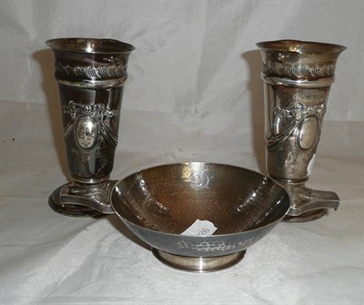 Lot 248 - A Scottish hammered silver quaiche and a pair of silver vases (3)