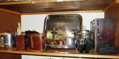 Lot 251 - A Picquot ware tea service, plated tray, glass overlay biscuit barrel, clover inlaid small cabinet