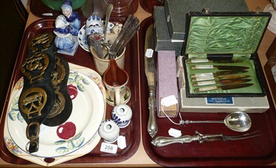 Lot 258 - Silver seal top spoon, 800 standard spoons, cased plated flatware, pottery etc (two trays)