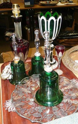 Lot 263 - Three green glass bells, ruby flash table lamp, Bohemian glass vase, and a glass dish with silvered