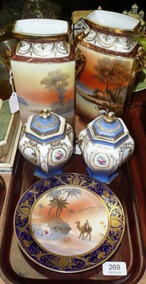 Lot 269 - A pair of Noritake vases with swans, a pair of Noritake vases and covers (a.f.) and a Noritake...