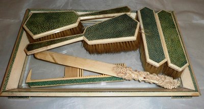 Lot 271 - Tray of Chinese hard wood stands, carved ivory letter opener and a five piece shagreen dressing...