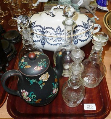 Lot 276 - Wedgwood basalt coffee pot, four Georgian decanters and a Staffordshire blue and white soup tureen