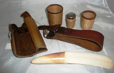 Lot 290 - An ivory page turner, a set of seven day razors, razor strap, and caned glass set