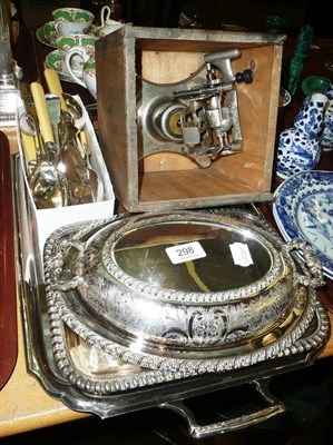 Lot 298 - A silver plated tea tray, two entree dishes, a quantity of plated flatware and a card shuffler