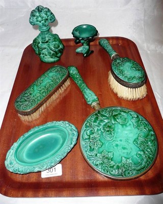 Lot 301 - An Art Deco 'Malachite' glass backed dressing table set