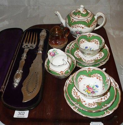 Lot 302 - A plated fish slice and fork cased, a Tuscan china breakfast tea set and a stoneware preserve pot