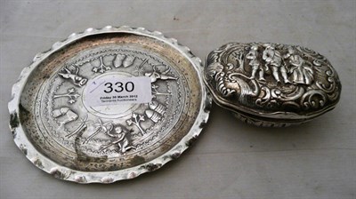 Lot 330 - A Dutch white metal snuff box and a pin tray