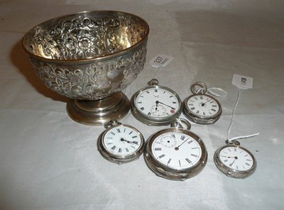 Lot 337 - Embossed silver sugar bowl and four 800 silver pocket watches and one other