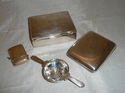 Lot 338 - Silver cigarette case, vesta case, cigarette box and strainer (4)