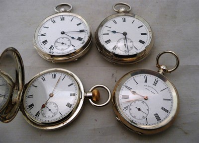 Lot 345 - A full hunter pocket watch, case stamped 925, two open faced pocket watches, cases stamped 925/935