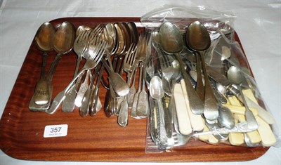 Lot 357 - Three silver fiddle pattern tablespoons, a quantity of plate flatware and steel knives