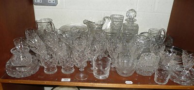 Lot 368 - A quantity of cut glassware, decanter and stopper, pair of plated bottle coasters etc (shelf)