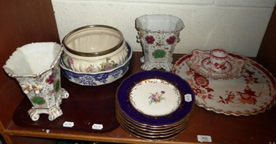 Lot 369 - A shlef including 19th century part dessert set, Spode cabaret tray, pair of 19th century...