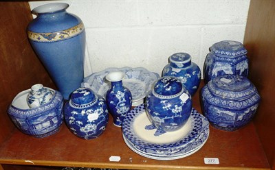 Lot 377 - Shelf of assorted decorative blue and white decorative pottery, ginger jars and covers etc