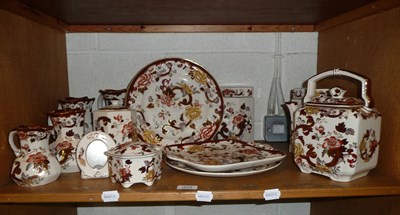 Lot 379 - A shelf of Masons Brown Velvet including a square teapot, four water jugs, two jars, two pots,...