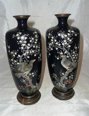 Lot 392 - Pair of Japanese cloisonne vases with black ebony stands