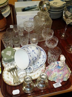 Lot 403 - A tray including two Royal Copenhagen cups and saucers, pair of silver mounted candlesticks, silver