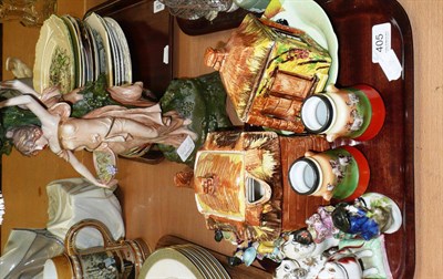 Lot 405 - Continental figural table lamp and tray of collectables including figures, Carltonware dish,  etc