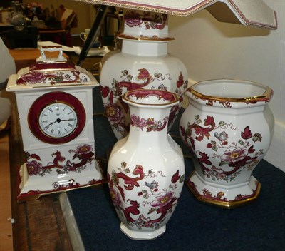 Lot 407 - Mason's red Mandalay lamp, clock and two vases