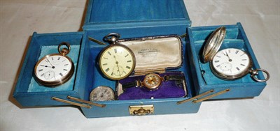 Lot 427 - A 9ct gold cased wristwatch, two silver pocket watches, a gold plated pocket watch and a silver fob