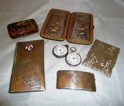 Lot 429 - Two fob watches stamped '800' and '935', a silver card case, three other card cases and a tin...