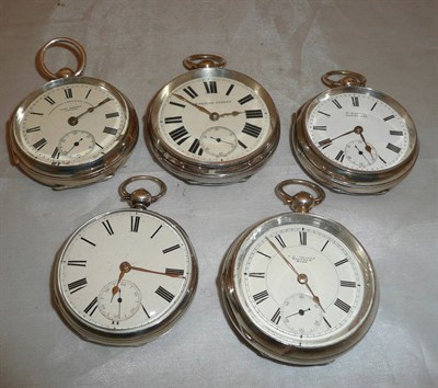 Lot 431 - Five silver open faced pocket watches, three with Chester hallmarked cases and two other cases with