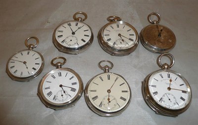 Lot 434 - Five silver open faced pocket watches and two fob watches (7)