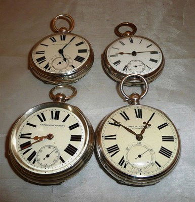 Lot 437 - Four silver open faced pocket watches, three cases with London hallmarks and one Chester hallmarked