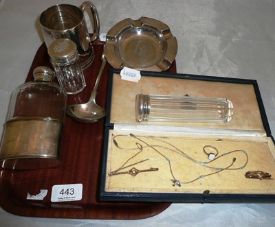 Lot 443 - Silver mounted hipflask, jewellery, silver plate etc