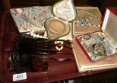 Lot 453 - A quantity of costume and silver jewellery, embroidered evening bag, two hair combs, etc